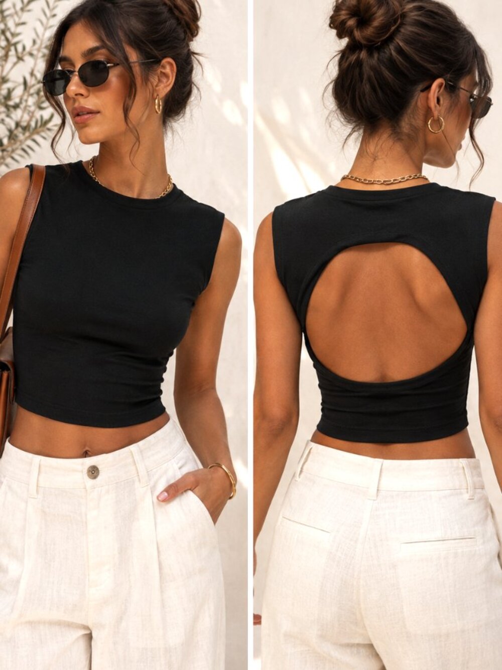 Naked Wardrobe Black Tank Crop Top XS Sleeveless Back Cut Out Knit Stretch Shirt